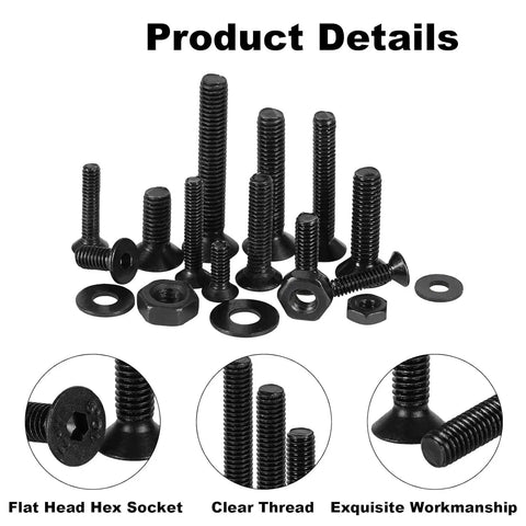 900 Piece Flat Head Hex Socket Cap Screws Kit With Nuts Washers And Hex Wrench M2 M2.5 M3 Fully Threaded Allen Machine Screws 10.9 Grade Alloy Steel Black Oxide Finish Built Tough product details