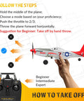 Instructions for launching Four Channel RC Plane P51 Mustang Ready To Fly With X Pilot Stabilization, hand holding plane, remote control