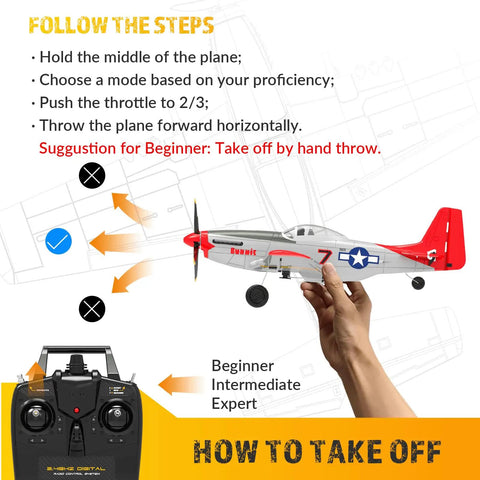 Instructions for launching Four Channel RC Plane P51 Mustang Ready To Fly With X Pilot Stabilization, hand holding plane, remote control