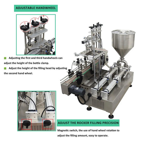 Heavy Duty Automatic Paste Filling Machine With Integrated Conveyor Belt And Dual Piston Nozzles 50L Hopper with adjustable handwheels.