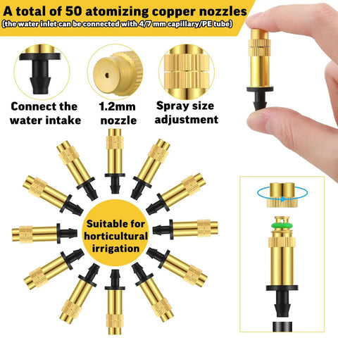 50 Pack Adjustable Brass Misting Nozzles With Atomizing Spray Emitters diagram and hand holding nozzle