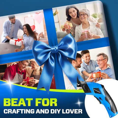 Heavy Duty Cordless Electric Scissors With 12000Rpm High Power Motor For Cutting Cardboard, Fabric, Carpet, Leather And Cloth displayed with festive gifts and happy people.