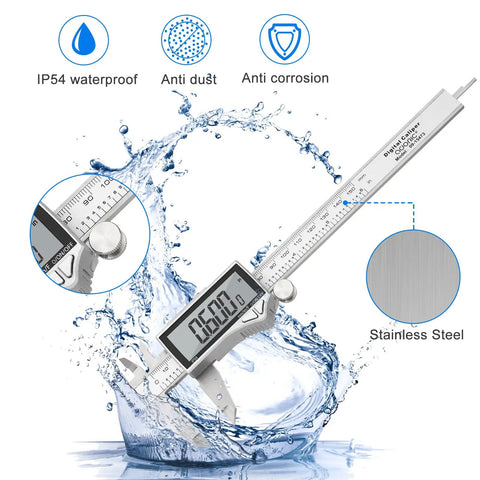Handy Digital Caliper Measuring Tool Stainless Steel with Large LCD Screen, 0 to 6 Inch Precision Caliper in water splash.