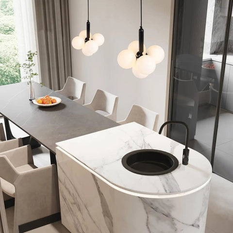 Dining room with marble counter, chairs, and Five Ring Dimmable LED Pendant Light With Remote Control Adjustable Height And Shape DIY Design