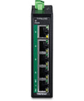 Front view of Industrial 5 Port Gigabit PoE Plus DIN Rail Mini Switch with ports visible; compact design for tight installations