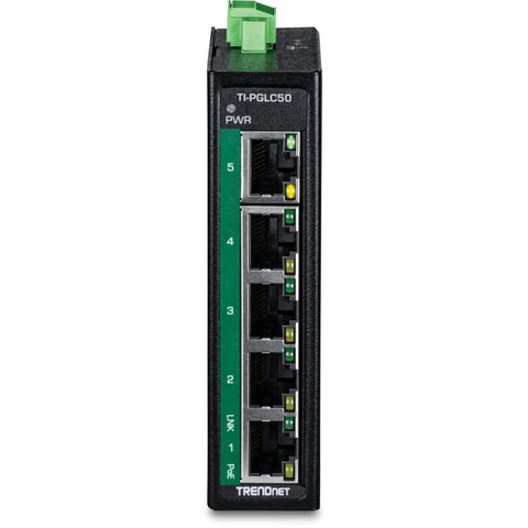 Front view of Industrial 5 Port Gigabit PoE Plus DIN Rail Mini Switch with ports visible; compact design for tight installations