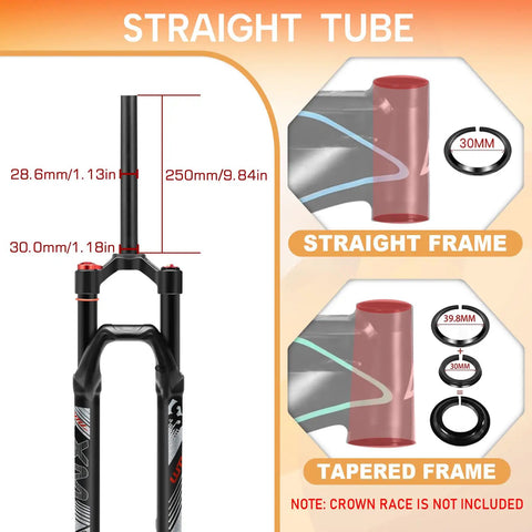 Diagram showing straight tube compatibility for Air MTB Suspension Fork With Rebound Adjustment For 26 27.5 29 Wheels, 120mm Travel, Straight 28.6mm Tube, 9mm QR, Crown Lockout, Disc Brake Compatible, Ultralight Gas Shock XC Bicycle Fork, Black.
