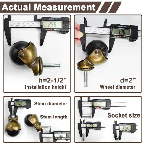 Brass Vintage 2 Inch Ball Caster Set Of 4 With 5/16 Inch By 1-1/2 Inch Stem For Furniture Cabinets Sofas And Chairs shown with measurements