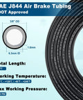 Image of SAE J844 air brake tubing, DOT approved, with 3/8" OD, 6.3mm ID, and 35 ft length specifications displayed on packaging.