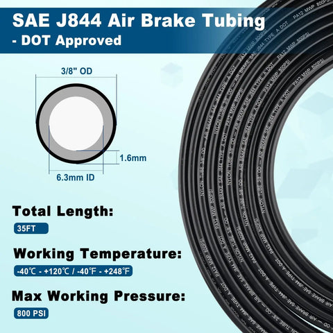 Image of SAE J844 air brake tubing, DOT approved, with 3/8" OD, 6.3mm ID, and 35 ft length specifications displayed on packaging.
