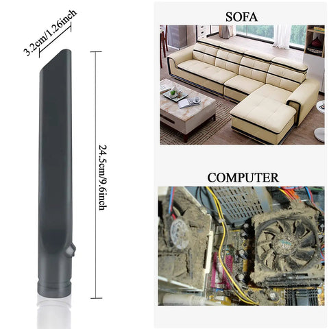 Flexible Extension Hose And Vacuum Attachments Kit For Popular Cordless Vacuums crevice tool with dimensions next to sofa and dusty computer images.