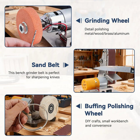 Grinding wheel and sanding belt of Robust Mini Belt Sander And Electric Grinder With 7 Adjustable Speeds for metal and wood.