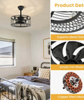 Industrial Caged Ceiling Fan With Light And Remote 18 Inch Black Fandelier in bedroom with product details