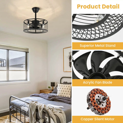 Industrial Caged Ceiling Fan With Light And Remote 18 Inch Black Fandelier in bedroom with product details
