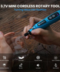 Hella Versatile Mini Cordless Rotary Tool With Five Speed Settings Up To Fifteen Thousand Rpm And A Knockout Forty Three Piece Accessory Kit For Engraving Drilling Sanding And Detailing in use on glass.
