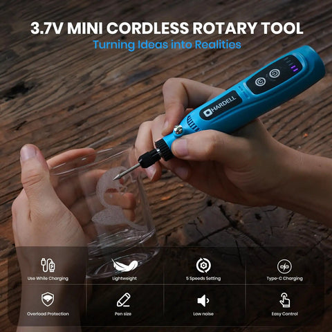 Hella Versatile Mini Cordless Rotary Tool With Five Speed Settings Up To Fifteen Thousand Rpm And A Knockout Forty Three Piece Accessory Kit For Engraving Drilling Sanding And Detailing in use on glass.