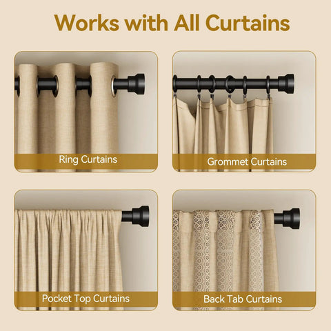 Heavy Duty Adjustable Curtain Rod 32 To 144 Inches Black 1 Inch Diameter Extra Long Window Rods Modern Design showing ring, grommet, pocket, back tab curtains.