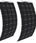 Two curved black 400W 12V monocrystalline panels from 800W Flexible Solar Panel Kit For RV And Off Grid Power.