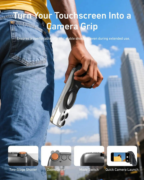 Person holding Fun Shot Magnetic Phone Grip Turns Your Smartphone Into a DSLR Style Shooter outdoors, ergonomic handle visible