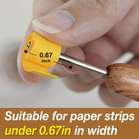 Close-up of Wooden Paper Bead Roller With Slotted Metal Tip for Easy Quilling showing size suitability for paper strips under 0.67 inches