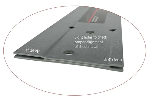 Close-up of 12 Inch Duct Folding Channel Tool for precise three eighths inch and one inch uniform bends in sheet metal, heavy duty steel.