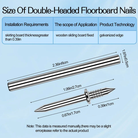 Size chart of 250 Pack Double Headed Skirting Nails Made Of Premium Carbon Steel for seamless wood installation.