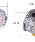 Glycerin Filled 2 Inch Dial Pressure Gauge Dual Scale 0 To 160 Psi Bar Kpa With Brass One Quarter Inch NPT Connection showcasing dimensions