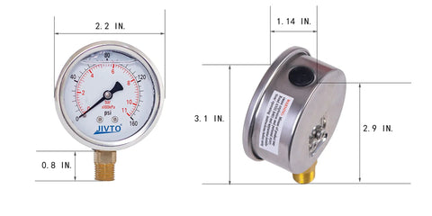 Glycerin Filled 2 Inch Dial Pressure Gauge Dual Scale 0 To 160 Psi Bar Kpa With Brass One Quarter Inch NPT Connection showcasing dimensions