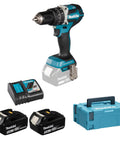 Heavy-Duty 18V Brushless Cordless Drill And Driver Combo Kit With Two 5.0Ah Lithium Batteries Fast Charger And Rugged Case showing drill, charger, and batteries.