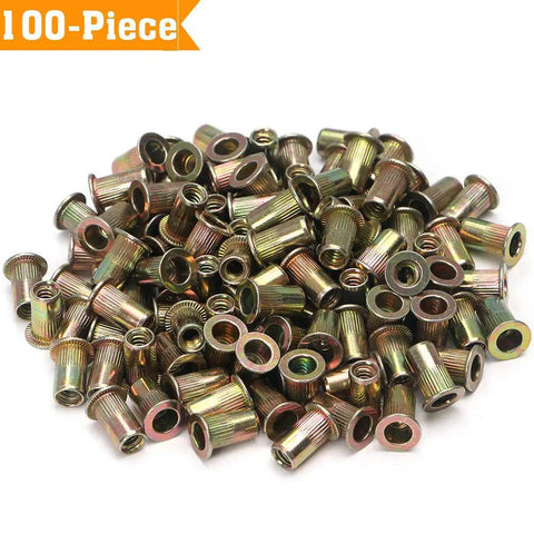 100 Piece 3/8-16 Rivet Nuts Kit In Carbon Steel Threaded Nutserts for metal and automotive projects displayed on white background