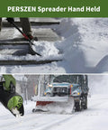 Handheld Lawn And Garden Seed Spreader for Fertilizer Grass Seed Salt Ice Melt up to 80 oz capacity shown spreading salt on snow.