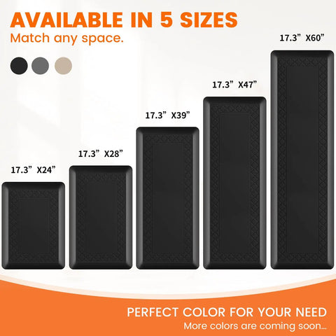 Five Ultra Thick Four Fifths Inch Cushy Memory Foam Kitchen Mat sizes shown, non-slip black anti-fatigue rug, 17.3 by 24 inches to 17.3 by 60 inches.