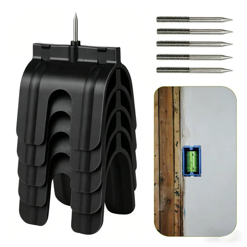 Professional Electrical Box Positioning Tool Set With 5 Metal Frame Markers For Plasterboard Installation showing steel markers and layout tool.