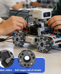 Close-up of 100mm omni-directional robot wheels with rubber rollers and bolt-on hubs.