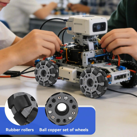 Close-up of 100mm omni-directional robot wheels with rubber rollers and bolt-on hubs.