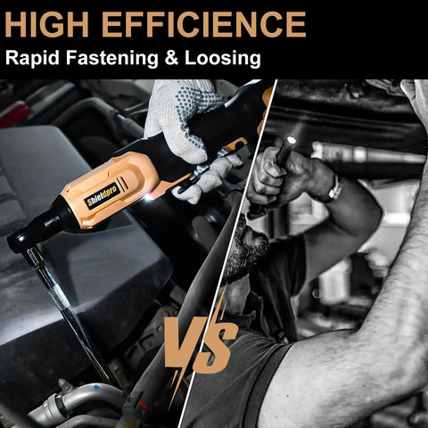 Side by side view of 20V Cordless Electric Ratchet Wrench Kit With 3 Eighth Inch Drive Beefy 400 RPM Torque 45 Ft-Lbs in use