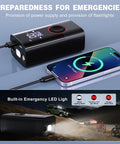 Cordless Tire Inflator With Digital Pressure Gauge, Portable Mini Air Pump showing built-in LED light and emergency features