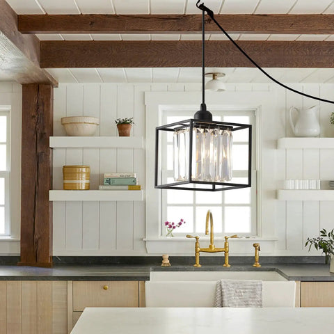 Plug In Pendant Light With Cord In Black Metal Cage And Crystal Accents, Small Yet Dope Statement Chandelier in kitchen