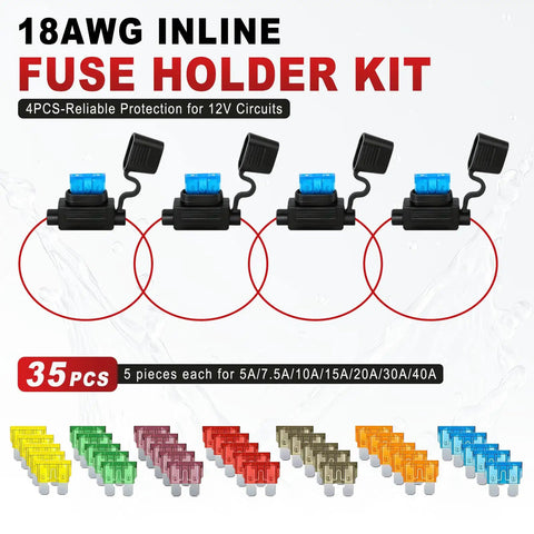 Heavy Duty 12V Waterproof Inline Fuse Holder Kit For Auto Truck Marine RV And Boat Rigs Featuring 35 Assorted Car Fuses with 4 fuse holders and assorted fuses.