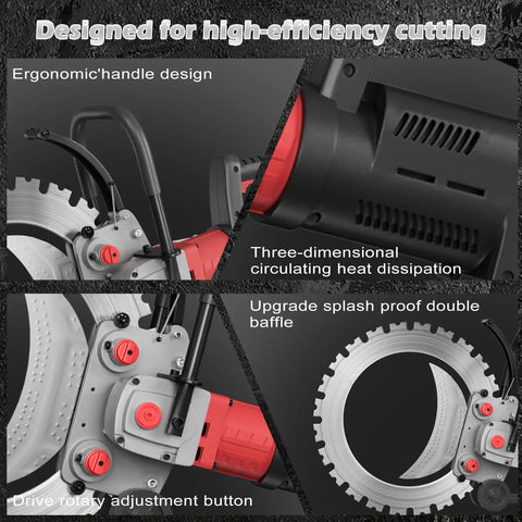 Heavy Duty 16-Inch Electric Concrete Ring Saw With Water Pump showing ergonomic handle, cooling vents, and cutting blade details.