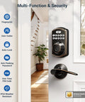 Fast Unlocking Fingerprint Door Lock With Two Lever Handles, Keyless Entry, Electronic Keypad Deadbolt on white door.