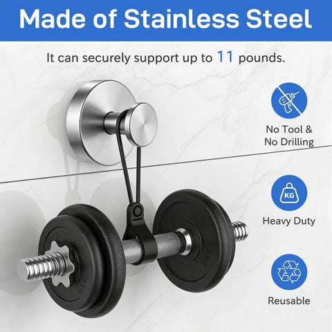 Heavy Duty Black Suction Cup Hooks Two Pack No Drill Bathroom Wall Adhesive Rack For Towels Robes And Fitness Gear Featuring Hella Strong Silicone Base That Snags Tight On Glass Or Tile With Zero Hassle with black weights secured to stainless steel hook on tile.