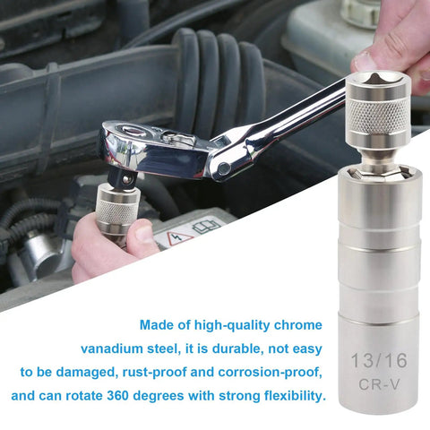 Thin Walled Magnetic Spark Plug Socket Set With Rotating 12 Point 13 16 Inch Size Three Eighth Inch Drive Universal Joint Swivel Tool