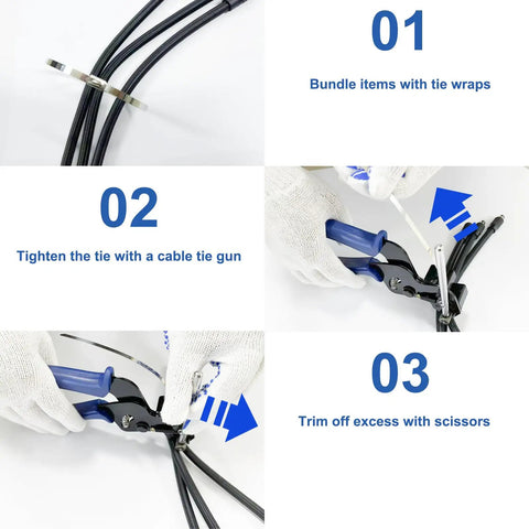 Step-by-step use of Heavy Duty Stainless Zip Tie Gun Kit With 100 Self Locking Cable Ties for Outdoor, Automotive and Industrial Projects.
