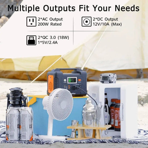 All In One Portable Solar Generator Kit with 60W Panel and 200W Power Station shown with connected fan and devices outdoors