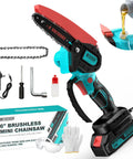 Powerful Brushless 6 Inch Cordless Mini Chainsaw For Quick Yard Cuts with chain, charger, oil, gloves, and safety glasses