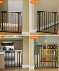 Extra Wide Baby Gate For Stairs And Doorways Fits 34 To 38.5 Inches Wide With Pressure Mount Black Metal Tension Gate shown in hallway, stairway, kitchen, doorway.