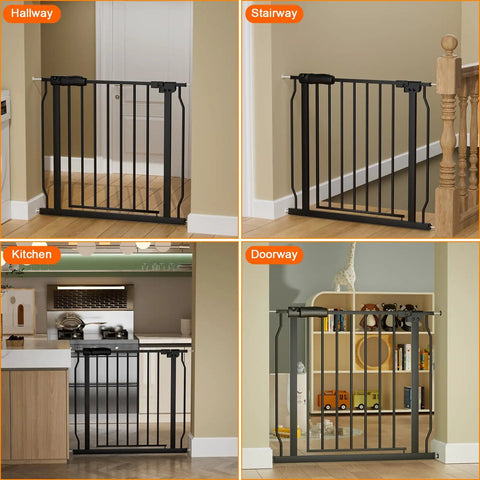 Extra Wide Baby Gate For Stairs And Doorways Fits 34 To 38.5 Inches Wide With Pressure Mount Black Metal Tension Gate shown in hallway, stairway, kitchen, doorway.