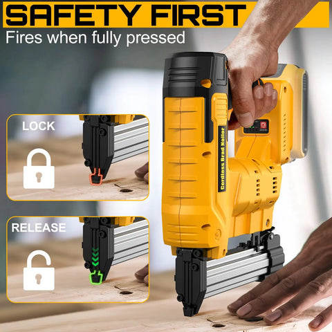 Hardcore 18 Gauge Cordless Brad Nailer And Staple Gun Bundle With 2000 Nails For DeWalt 20V Max Batteries showing safety features and operation.