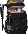 Beast 40 Can Insulated Cooler Backpack with dual leak proof compartments, showing top pocket with fruits and bottom with cans.